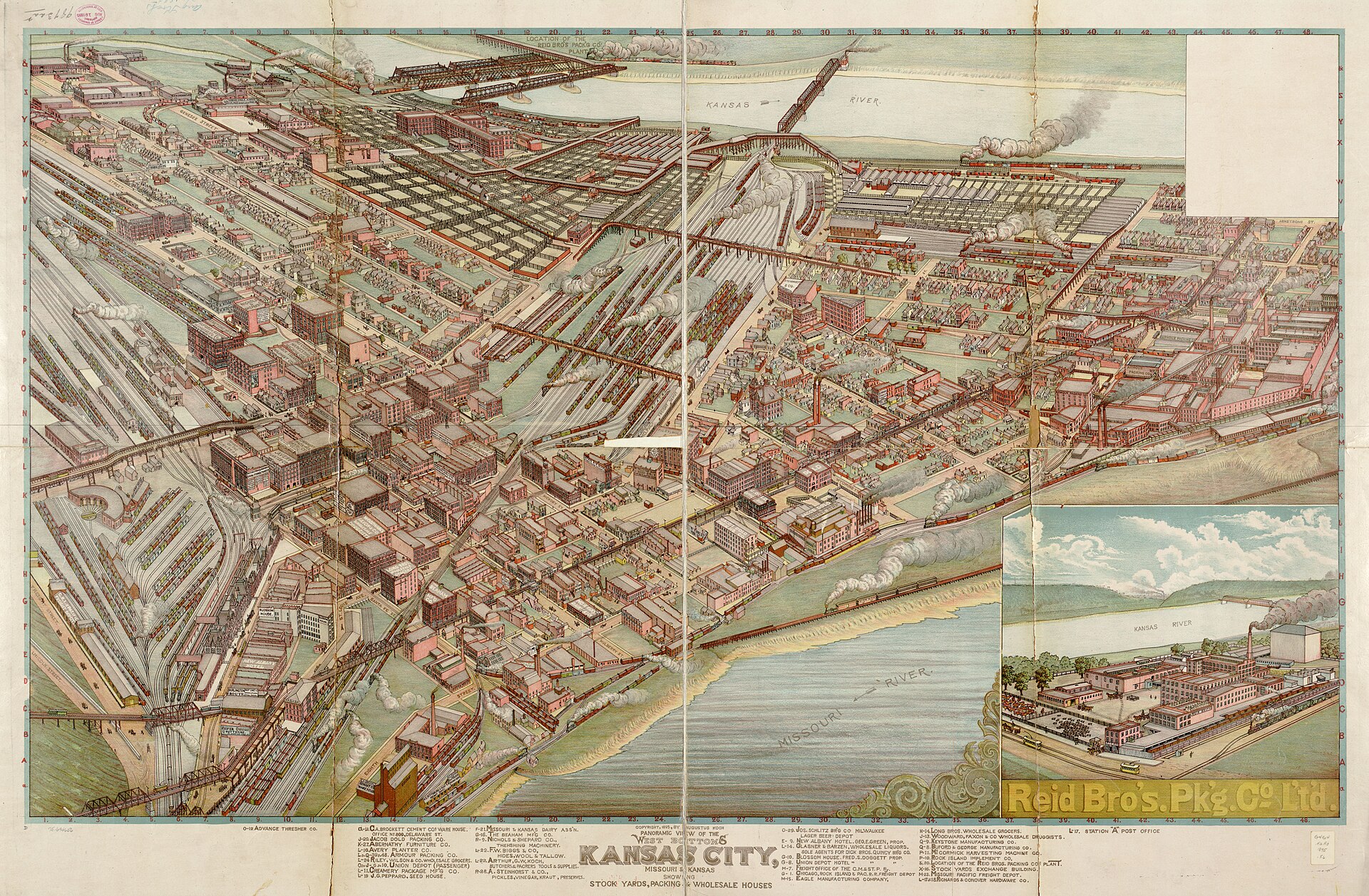 Historic 1895 bird’s-eye panoramic map of the West Bottoms showing stockyards, packing houses, rail lines and wholesale buildings along the rivers