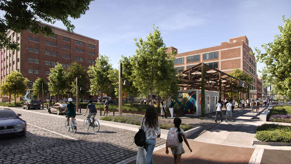 Architectural rendering of brick buildings, landscaped streets and pedestrian spaces in the West Bottoms
